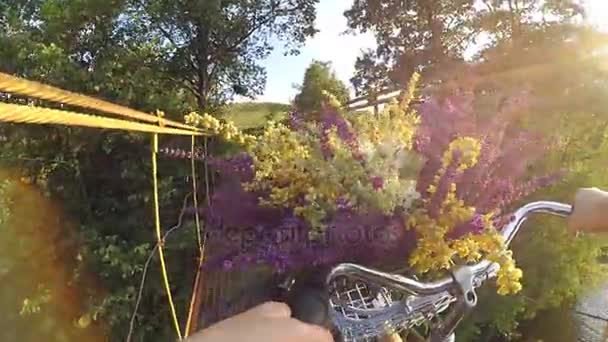 Moção preguiçosa. Menina em uma bicicleta com um buquê de flores silvestres multicoloridas — Vídeo de Stock