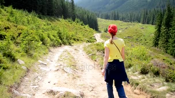 Chica está caminando en el camino en las montañas — Vídeo de stock