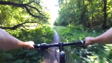 Orman çalılıkları bir bisiklet sürme bir adam