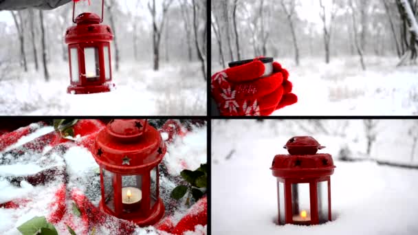 4 en 1. Fille tenant lanterne bougie rouge dans la forêt d'hiver . — Video