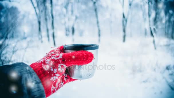 Girl with long hair in red gloves with ornament holding tourist cup. — Stock Video