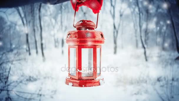 Bedrijf in rode handschoen een rode kaars lantaarn in het winter forest. — Stockvideo