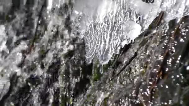 Thawing of ice on the edge of a waterfall — Stock Video