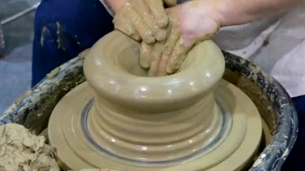 Fast Workshop Molding of clay on a potters wheel close-up. — Stock Video