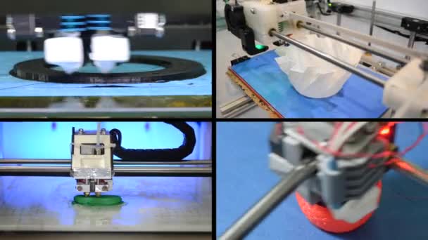 Molti oggetti stampati con stampante 3d. Schermo diviso multicam — Video Stock