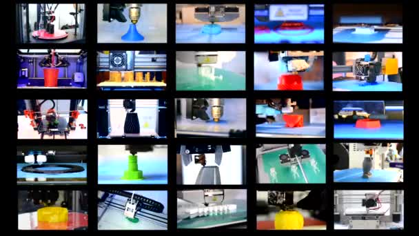 Viele Objekte, die mit dem 3D-Drucker gedruckt wurden. Multicam-Splitscreen — Stockvideo