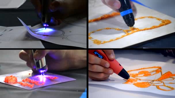 Man 3d pen draws molten plastic and hardening photopolymer — Stock Video