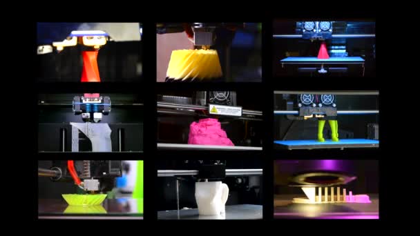 Molti oggetti stampati con stampante 3d. Schermo diviso multicam — Video Stock