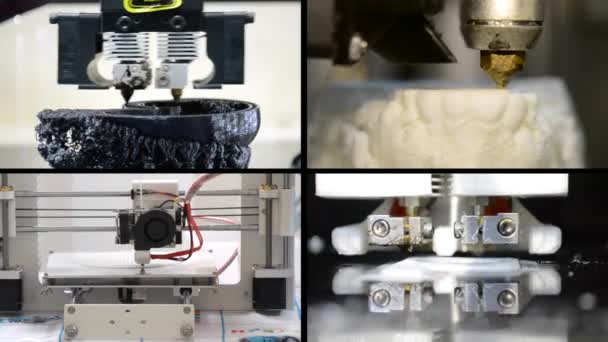 Many objects printed by 3d printer. Multicam split screen — Stock Video