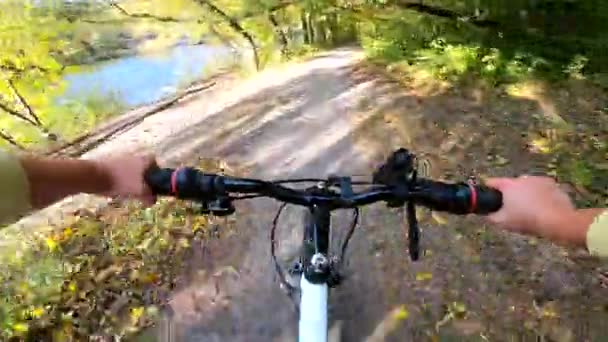 Ragazza va in bicicletta attraverso la foresta. Un uomo in bicicletta nella foresta — Video Stock