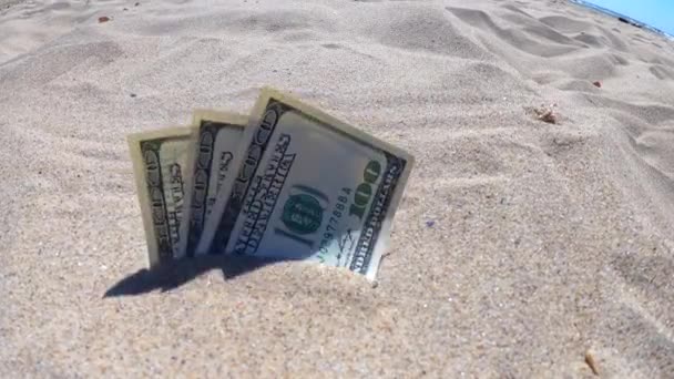 Dinero dolares medio cubierto de arena se encuentran en la playa de cerca. — Vídeos de Stock