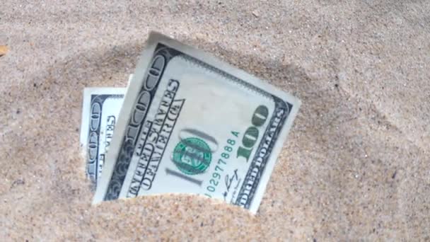 Dinero dolares medio cubierto de arena se encuentran en la playa de cerca. — Vídeos de Stock