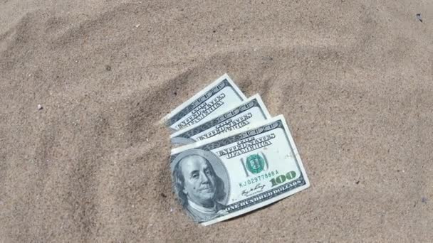 Dinero dolares medio cubierto de arena se encuentran en la playa de cerca. — Vídeos de Stock