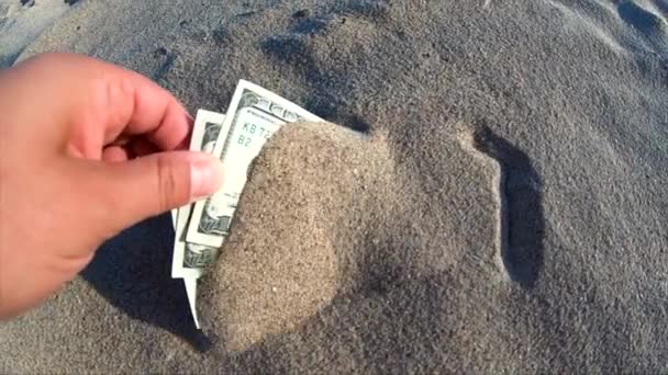 Ein Mädchen holt aus dem Sand Geldscheine von dreihundert Dollar. — Stockvideo