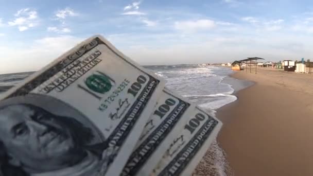 Dziewczyna trzyma rachunek pieniężny 300 dolarów na tle morza — Wideo stockowe