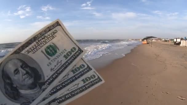 Flicka som håller en räkning på 300 dollar på bakgrunden av havet — Stockvideo