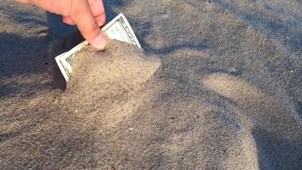 En flicka tar ut från sanden pengar sedlar på tre hundra dollar — Stockvideo