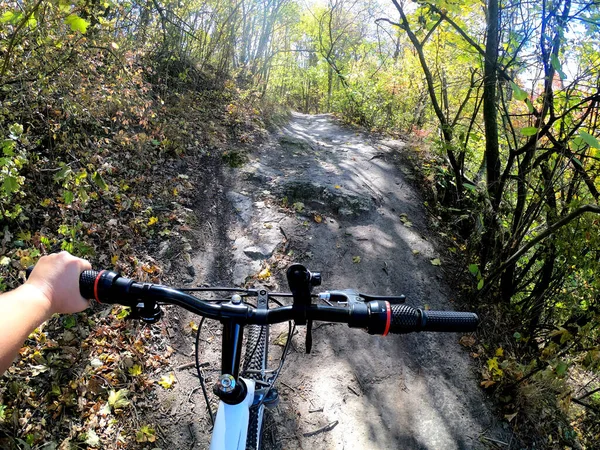 Mädchen radelt durch Wald. Mädchen fährt mit Fahrrad auf Waldweg — Stockfoto