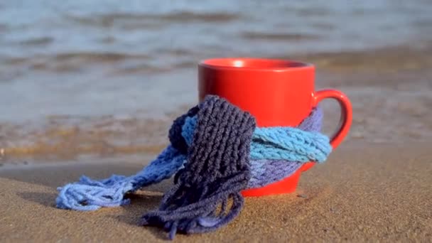 Red mug with coffee tied with blue knitted scarf stands on sandy beach — Stock Video