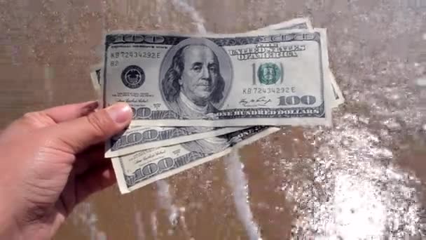 Chica sosteniendo la factura de dinero de 300 dólares en el fondo de las olas del mar — Vídeo de stock