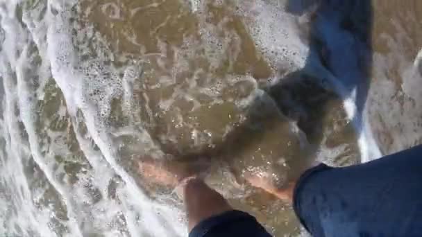 Ombre noire de la fille qui marche le long de la plage de sable humide sur le rivage 