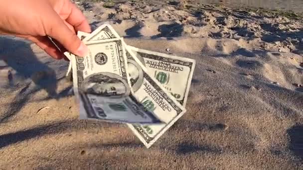 Chica sosteniendo la cuenta de dinero de 300 dólares en el fondo de más de arena — Vídeos de Stock