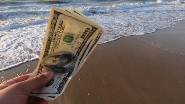 Man holds three hundred dollar banknotes in his hands on a background — Wideo stockowe