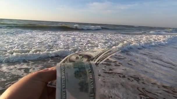 El hombre sostiene trescientos billetes de dólar en sus manos sobre un fondo — Vídeos de Stock