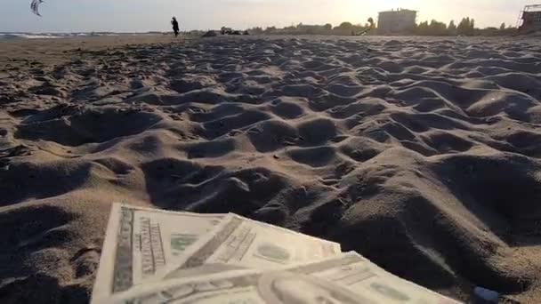 Girl holding money bill of 300 dollars on background of sandy beach — Stockvideo