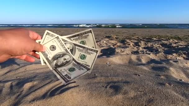 Girl holding money bill of 300 dollars on background of blue sky — Stok video