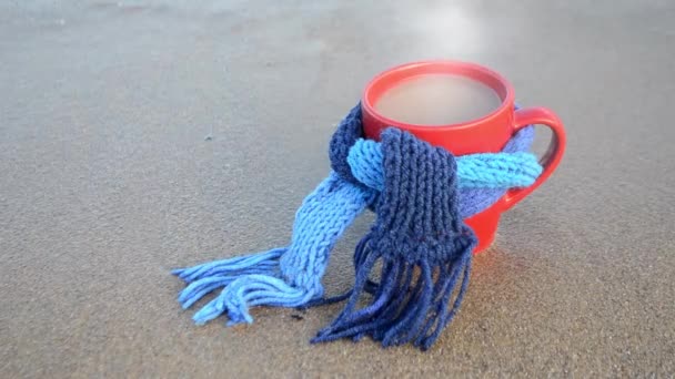 Taza roja con café atado y vapor con soportes de bufanda de punto azul — Vídeos de Stock