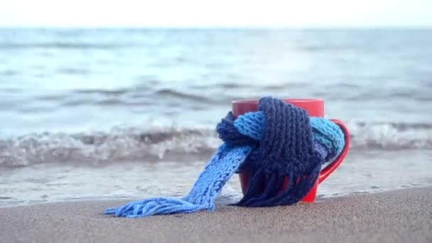 Röd mugg med kaffe och ånga bunden med blå stickad halsduk står — Stockvideo