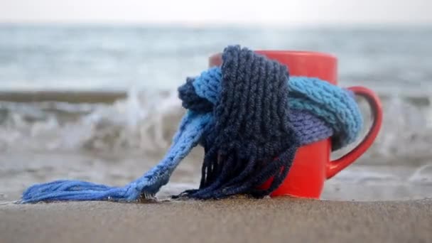 Red cup with hot coffee tea and steam, tied with blue knitted scarf — Stock Video
