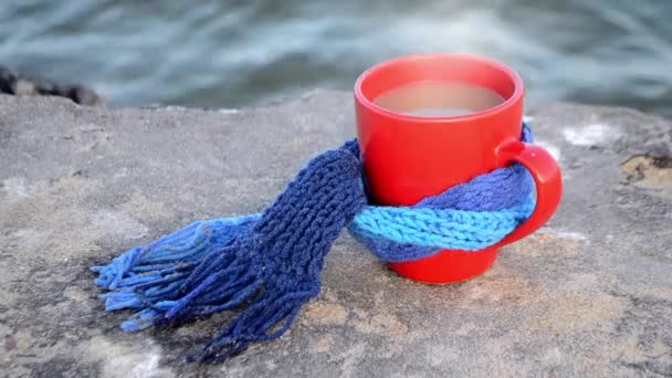 Červený šálek s horkým čajem a párou, svázaný modrou pletenou šálou — Stock video