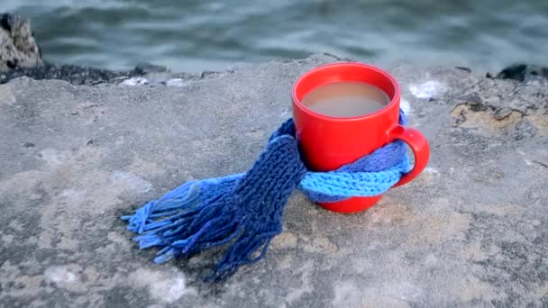 Κόκκινο κύπελλο με ζεστό τσάι καφέ και ατμό, δεμένο με μπλε πλεκτό μαντήλι — Αρχείο Βίντεο