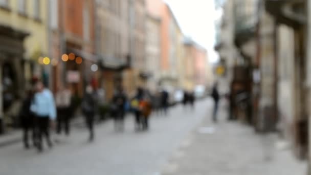 Blurred Background of many people on street square city town. — Stock Video