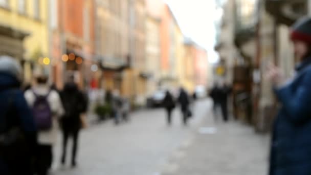 Blurred Background of many people on street square city town. — Stock Video