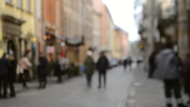 Blurred Background of many people on street square city town. — Stock Video