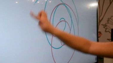 Kız parmaklarıyla farklı renkte spiral çizgiler çiziyor.