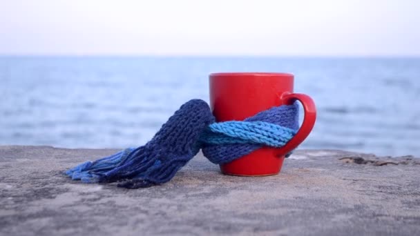 Red cup with hot coffee tea, tied with blue knitted scarf stands on stone — Stock Video