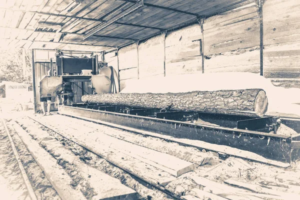 Segheria. Processo di lavorazione dei tronchi in segheria seghe a macchina il tronco d'albero — Foto Stock