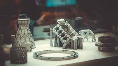 Adam metal 3D yazıcıya basılı nesne tutuyor. Nesne lazer sindirim makinesine basılmış. Metal tozundan modern 3D yazıcı baskısı. İlerici katkı maddesi DMLS, SLM, SLS 3D yazdırma teknolojisi