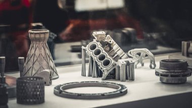 Metal 3D yazıcıya yazdırılmış nesneyi tutan adam.