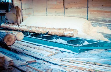 Bıçkıhane. Teçhizat testere makinesindeki makine kayıtları tahta tahtalardaki ağaç gövdesini testereyle kesiyor. Ahşap talaşı ahşap ahşap işçiliğini kesiyor.