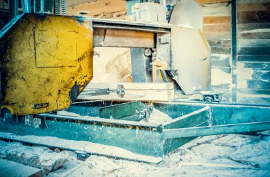 Bıçkıhane. Teçhizat testere makinesindeki makine kayıtları tahta tahtalardaki ağaç gövdesini testereyle kesiyor. Ahşap talaşı ahşap ahşap işçiliğini kesiyor.