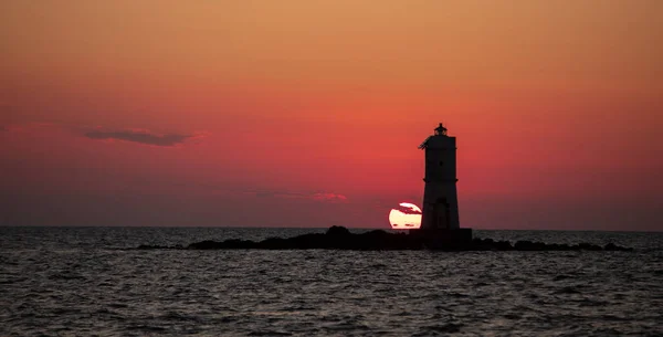 Mangiabarche Lighthouse Wrapped Waves Mistral Wind Storm Beautiful Sunsetthe Lighthouse — Stock Photo, Image