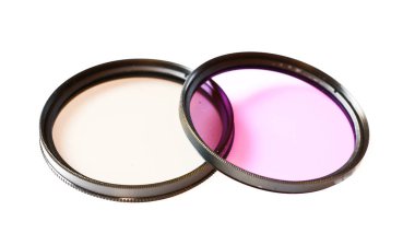 Beyaz arka plan üzerinde fotoğraf soyut izole polarize ve floresan lens filtresi