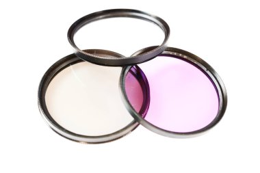 Polarize, korumak ve floresan lens üzerinde izole beyaz arka plan filtre, soyut fotoğraf