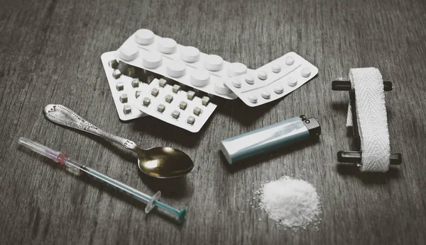 Set addict: pílulas, heroína ou cocaína — Fotografia de Stock