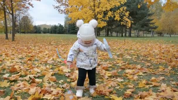 Kis kétéves kislány gyermek játszik szappanbuborékok őszi parkban — Stock videók